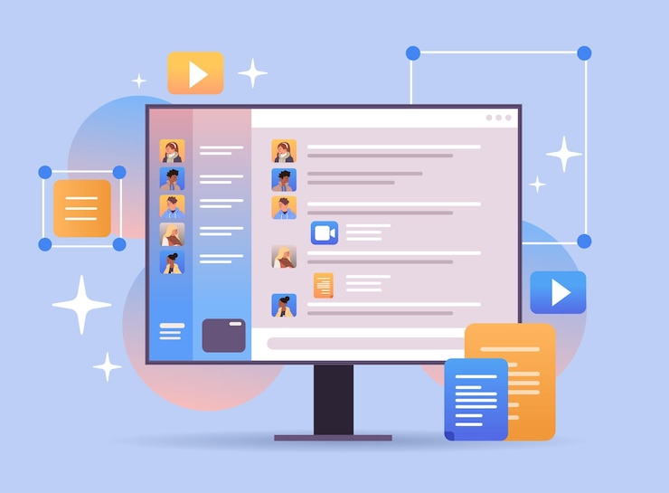 Vector 모니터 화면 가상 회의 교육일 라이브 웹 세미나 elearning에서 온라인 화상 통화 중에 토론하는 혼혈 학생 그룹