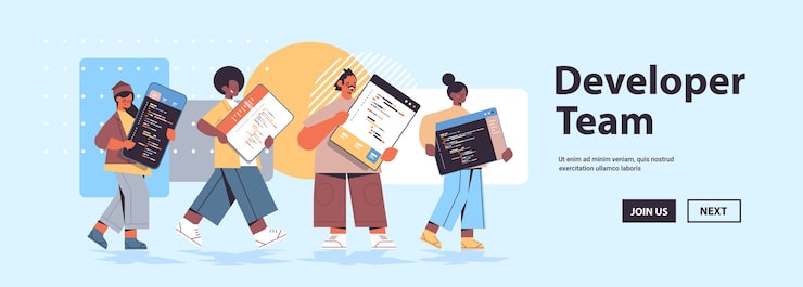 Vector mix race web developers creating program code development of software and programming concept   copy space