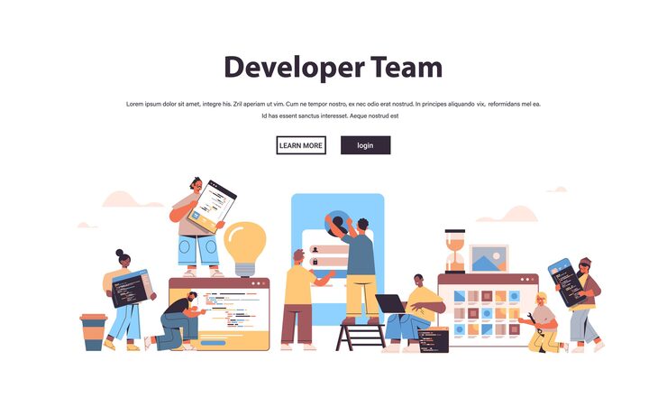 Vector 혼합 인종 웹 개발자 팀 만들기 프로그램 코드 응용 프로그램 개발 소프트웨어 프로그래밍 개념 복사 공간