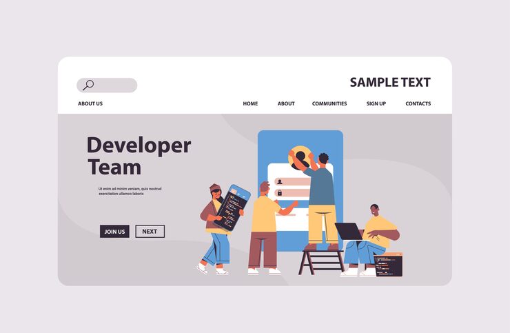 Vector mix race web developers team creating program code application development software programming concept   copy space