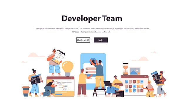 Mix race webontwikkelaars team creëren programmacode applicatie-ontwikkeling software programmeren concept kopie ruimte