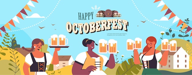 Mix race women holding beer mugs oktoberfest party celebration concept greeting card