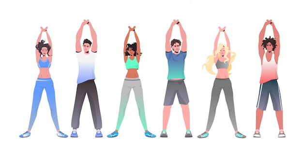 Mix race women men doing yoga fitness exercises training healthy lifestyle concept people working out together horizontal full length illustration