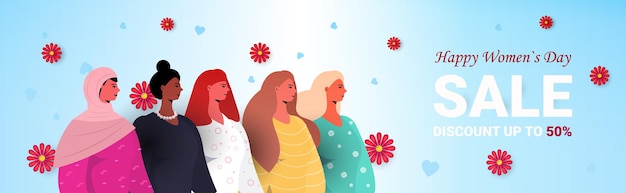 Vector mix race women standing together womens day 8 march holiday celebration concept portrait horizontal illustration