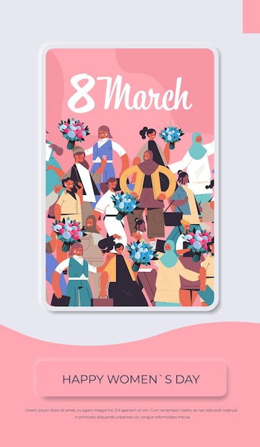 Mescoli le donne della corsa con i fiori che celebrano l'illustrazione verticale del concetto di celebrazione di festa dell'8 marzo della donna