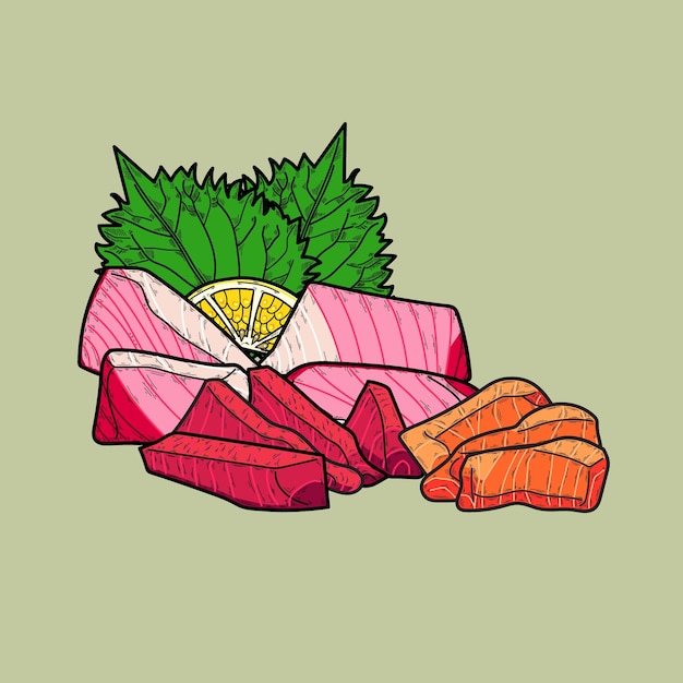 Vector mix sashimi set with lemon and shiso leaf in cartoon style
