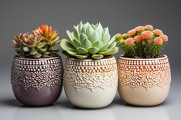 Mix types of Echeveria Succulent Flowering Plants Indoor Houseplant Pot on Table Top White Backgrou