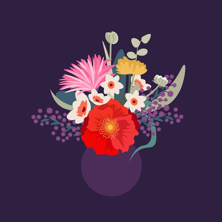 Vector mixed flower bouquet in vase for spring holidays postcard and banner vector flat illustration