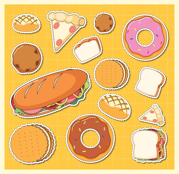 Vector mixed food cartoon sticker on grid background