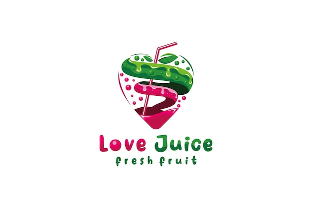 사랑 개념을 가진 신선한 과일 주스 음료 로고의 혼합 과일 주스 로고 벡터 그림