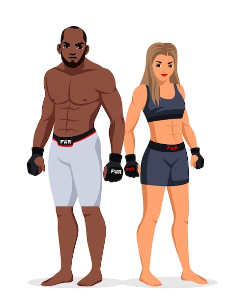 Mixed martial arts man en vrouw worstelaar karakters set geïsoleerd op wit
