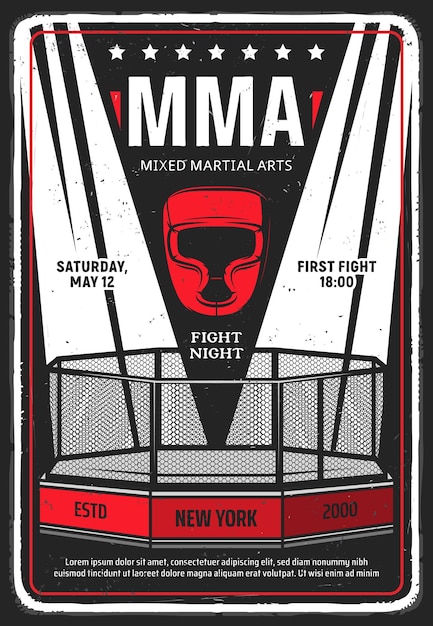 総合格闘技トーナメントの汚れたチラシやポスター。サーチライトで照らされたMMA八角形ケージ