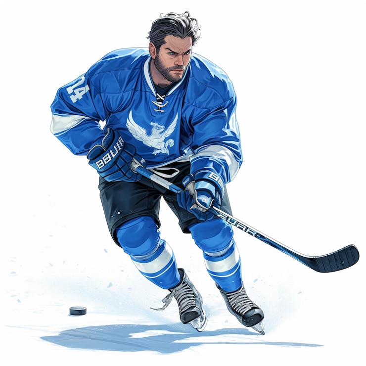 Vector mixed race man in his 40s playing ice hockey