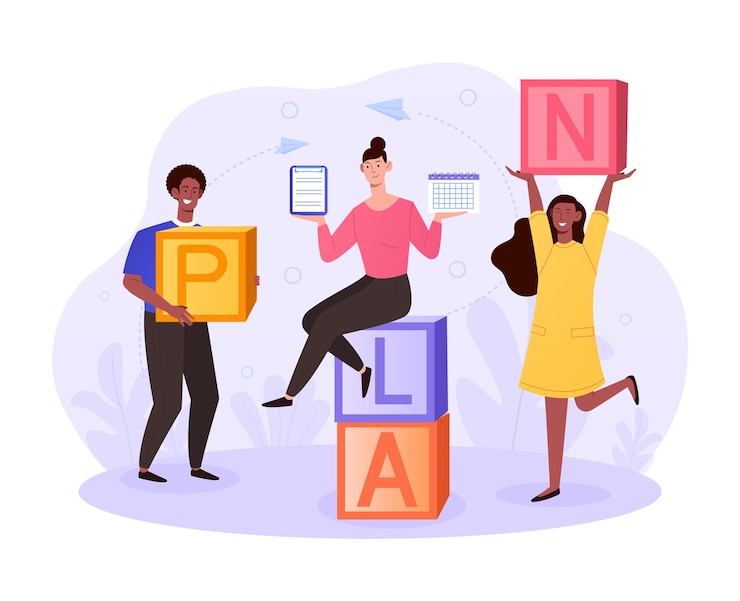Vector mixed racial group of people carry in hands bricks with letters to collect word combination plan