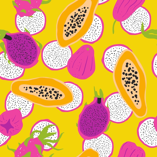 Mixed tropical fruits papaya dragon fruit and rose apple seamless pattern bright summer design