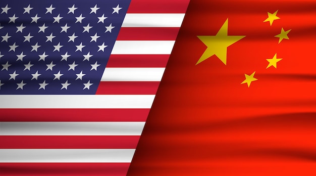 アメリカと中国の混合旗。貿易戦争の概念。アメリカ対中国。アメリカと中国の旗。関税ビジネスグローバルエクスチェンジインターナショナル。ベクトルイラスト