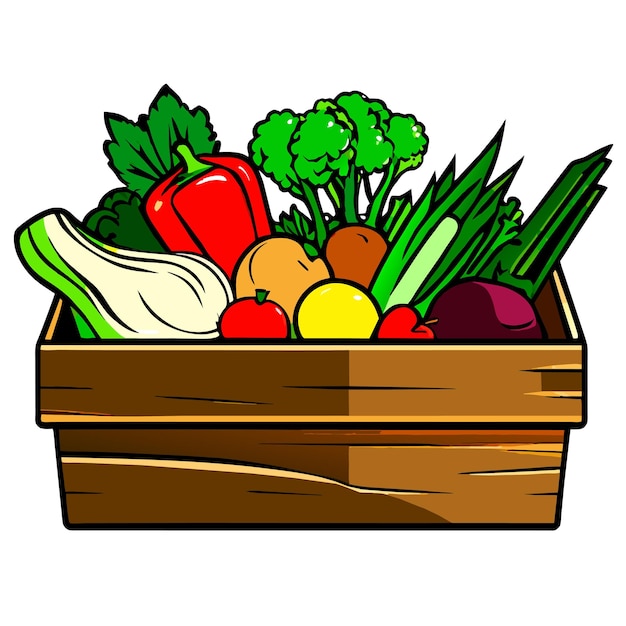 Vector mixed vegetable assortment in wooden boxes