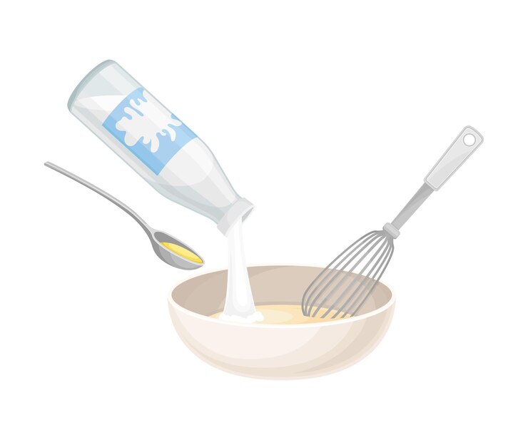 Vector mixing of ingredients for cooking pancakes with adding milk and oil vector illustration