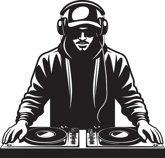 Mixtape maestro dj player in sleek black vector bassline bliss cool dj man icon vector logo