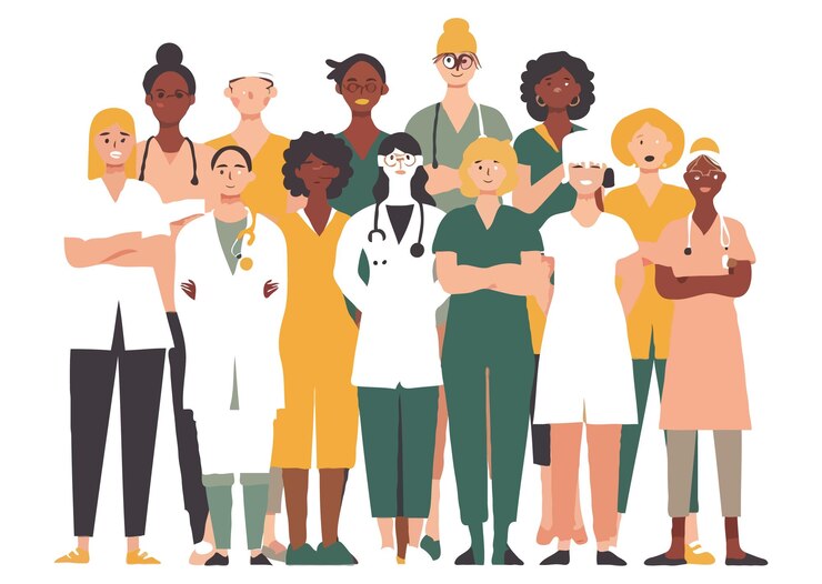 Vector mixture of male and female med students celebrating match day flat illustration white background