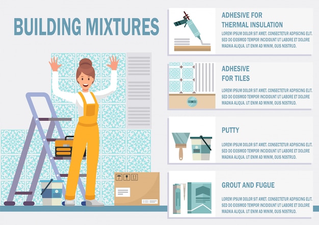 Mixtures for tiles installation flat vector banner