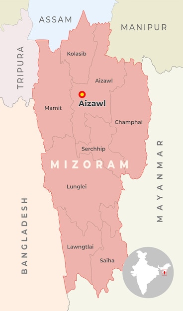 Mizoram District kaart met naburige staat en land