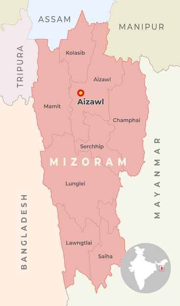 Карта района Мизорам с соседним штатом и страной