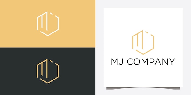 ベクトル ラインと六角形のデザイン コンセプトを持つ mj 文字ロゴ