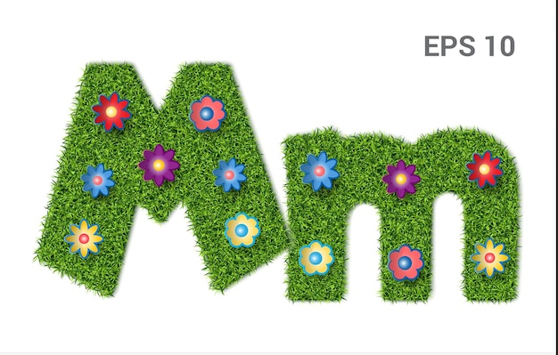 Vector mm  capital and capital letters of the alphabet with a texture of grass moorish lawn with flowers