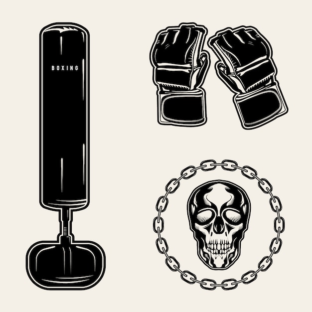 Vector mma fighting and boxing elements hand drawn set