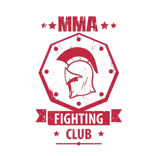 Mmaファイタークラブのロゴ、エンブレム、質素なヘルメットのバッジ、白で隔離の赤いtシャツのプリント、ベクトル図