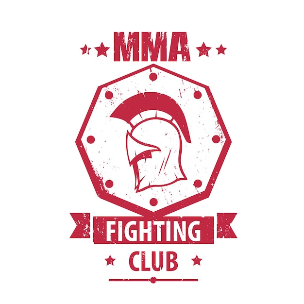 Mma fighting club logo, emblema, distintivo con casco spartano, stampa t-shirt rossa isolata su bianco, illustrazione vettoriale