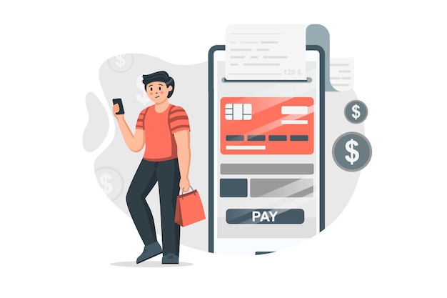 Mobiel bankieren concept in plat ontwerp Man beheert zijn financiële rekening in mobiele applicatie betaalt rekeningen en aankopen met online creditcards Vectorillustratie met mensen scene voor web