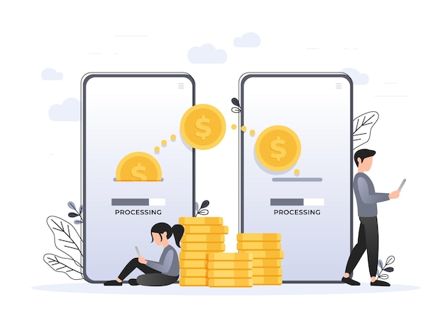 Mobiel betalingsconcept, mensenkarakter geld overmaken voor online winkelen op smartphone. geschikt voor webbestemmingspagina, ui, mobiele app, bannersjabloon. vectorillustratie