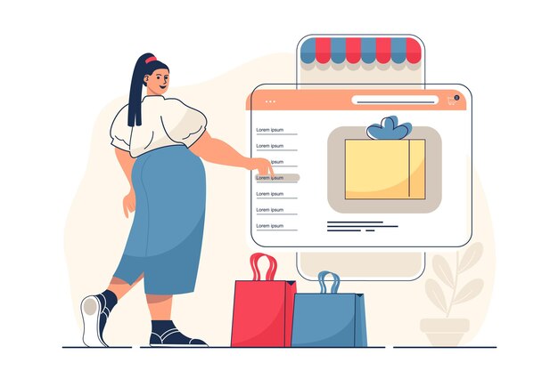 Mobiel handelsconcept voor webbanner Vrouw die aankopen doet bij de websitewinkel