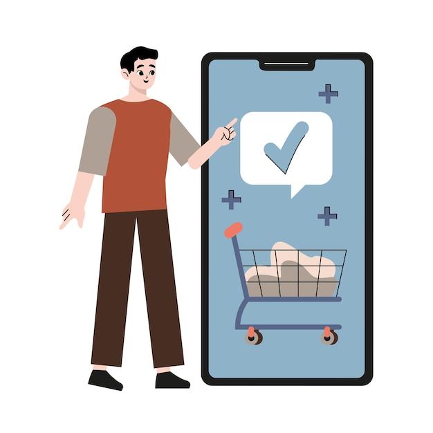 Vector mobiel winkelconcept. een man koopt dingen in de online winkel. winkelen op sociale netwerken via p