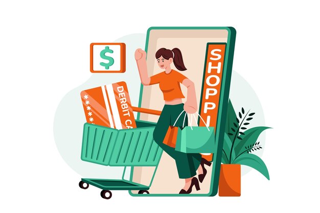 Mobiel winkelen betaling illustratie concept op witte achtergrond