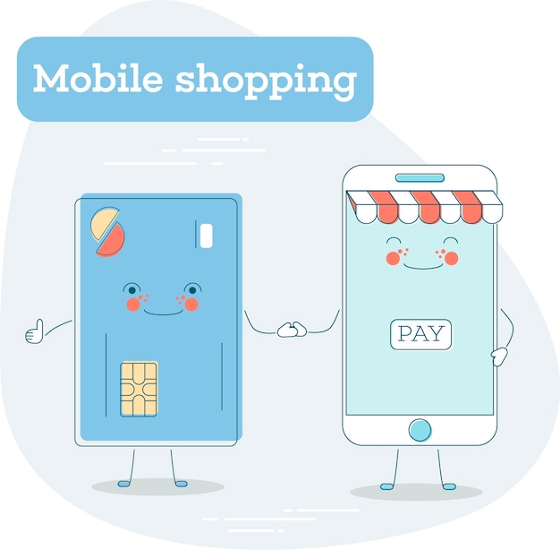 Mobiel winkelen trendy concept in lijnstijl. bankwezen en financiën, e-commerce service, bedrijfstechnologie, detailhandel en distributie. creditcard en smartphone grappige karakters illustratie