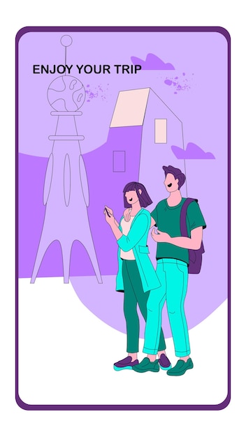 Mobiele app aan boord scherm voor reisbureau met mensen die naar het buitenland reizen toeristen en reizigers online service applicatie interface ontwerp platte cartoon vectorillustratie