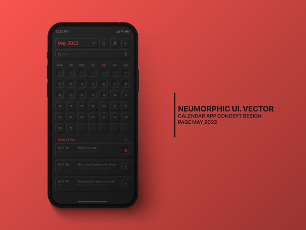 Mobiele app Agenda mei 2022 met taakbeheer UI Neumorphic Design op rode achtergrond