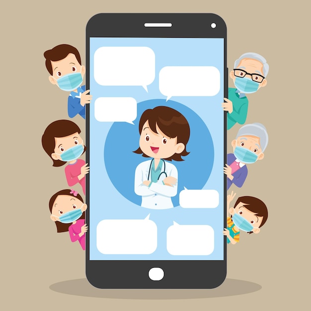 Mobiele app huisartsfamilie die mobiele applicatie gebruikt raadpleeg online arts gezondheidszorgdiensten