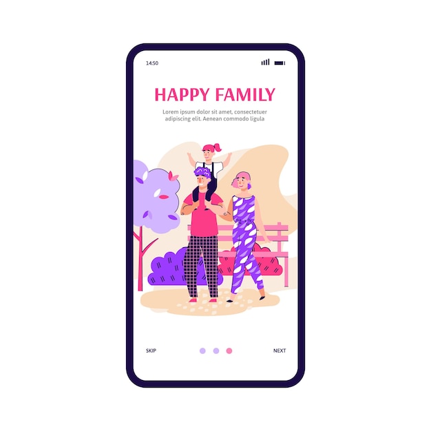 Mobiele app-interface op telefoonscherm voor gelukkige familie wandelen en rusten in park moeder vader en ...