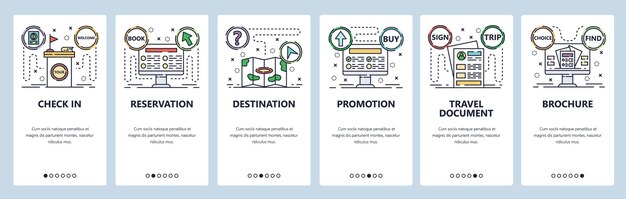 Mobiele app onboarding schermen Reisdocumenten boeken een tour online kopen Menu vector banner sjabloon voor website en mobiele ontwikkeling Website ontwerp vlakke illustratie