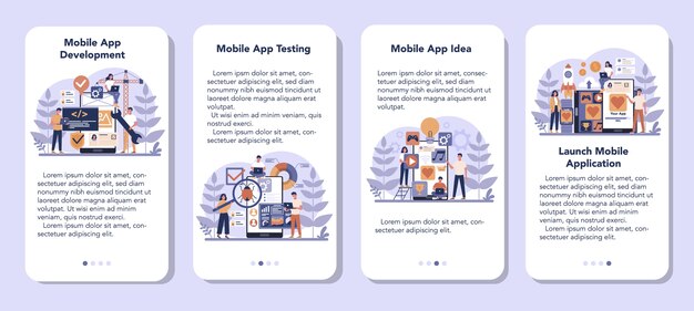 Mobiele app-ontwikkeling banner set voor mobiele applicaties. moderne technologie en smartphone-interfaceontwerp. applicatie bouwen en programmeren. vector platte illustratie