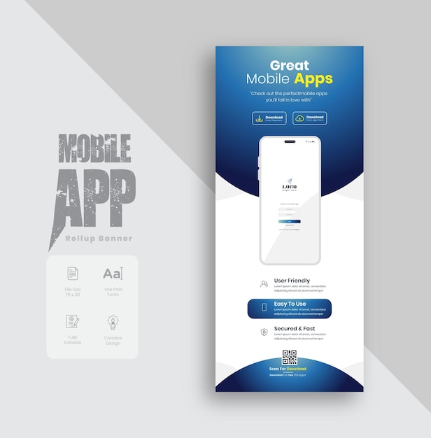 mobiele app promotionele rollup banner ontwerp, zakelijke rollup banner ontwerp