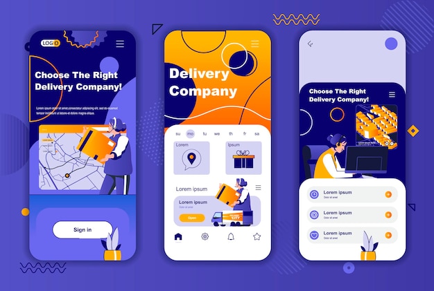 Mobiele app-schermen van bezorgbedrijf voor verhalen op sociale netwerken