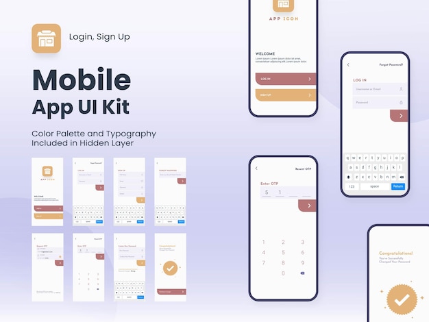 Vector mobiele app ui ux gui-indeling met verschillende inlogschermen, waaronder accountaanmelding, aanmelding en wachtwoordschermen voor responsive website wireframe