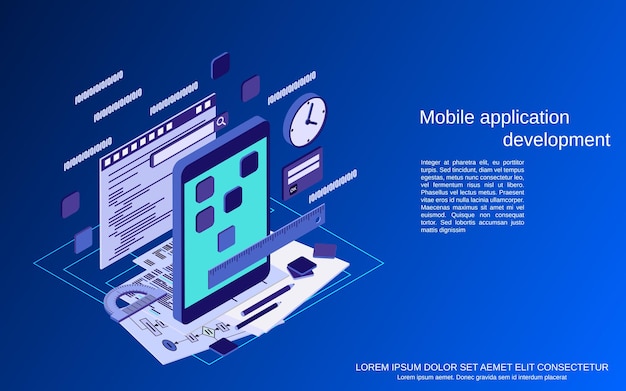 Mobiele applicatie ontwikkeling platte 3d isometrische vector concept illustratie