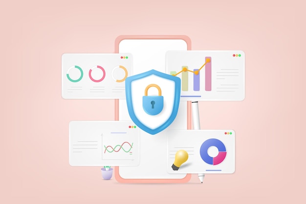 Mobiele applicatie voor gegevensanalyse bescherming van gebruikersgegevens bestandsbeheer elektronisch documentbeheer 3d-vectorillustratie