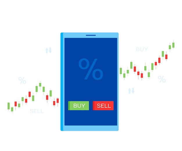 Mobiele handel in beleggingen op de beurs. financiële analyses. mobiel aandelenhandelconcept, zaken en investeringen, marktanalyse. moderne vectorillustratie in vlakke stijl.